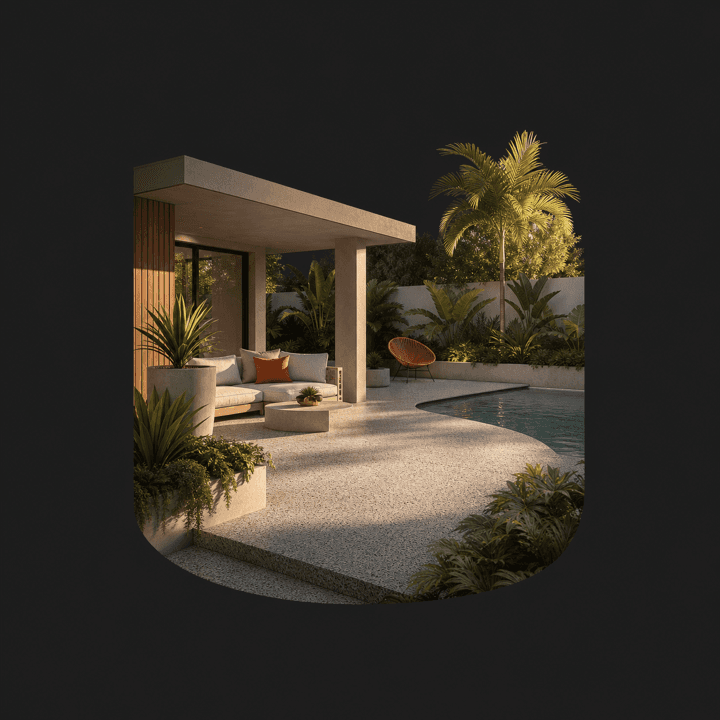 Concrete pool surround and outdoor entertaining area