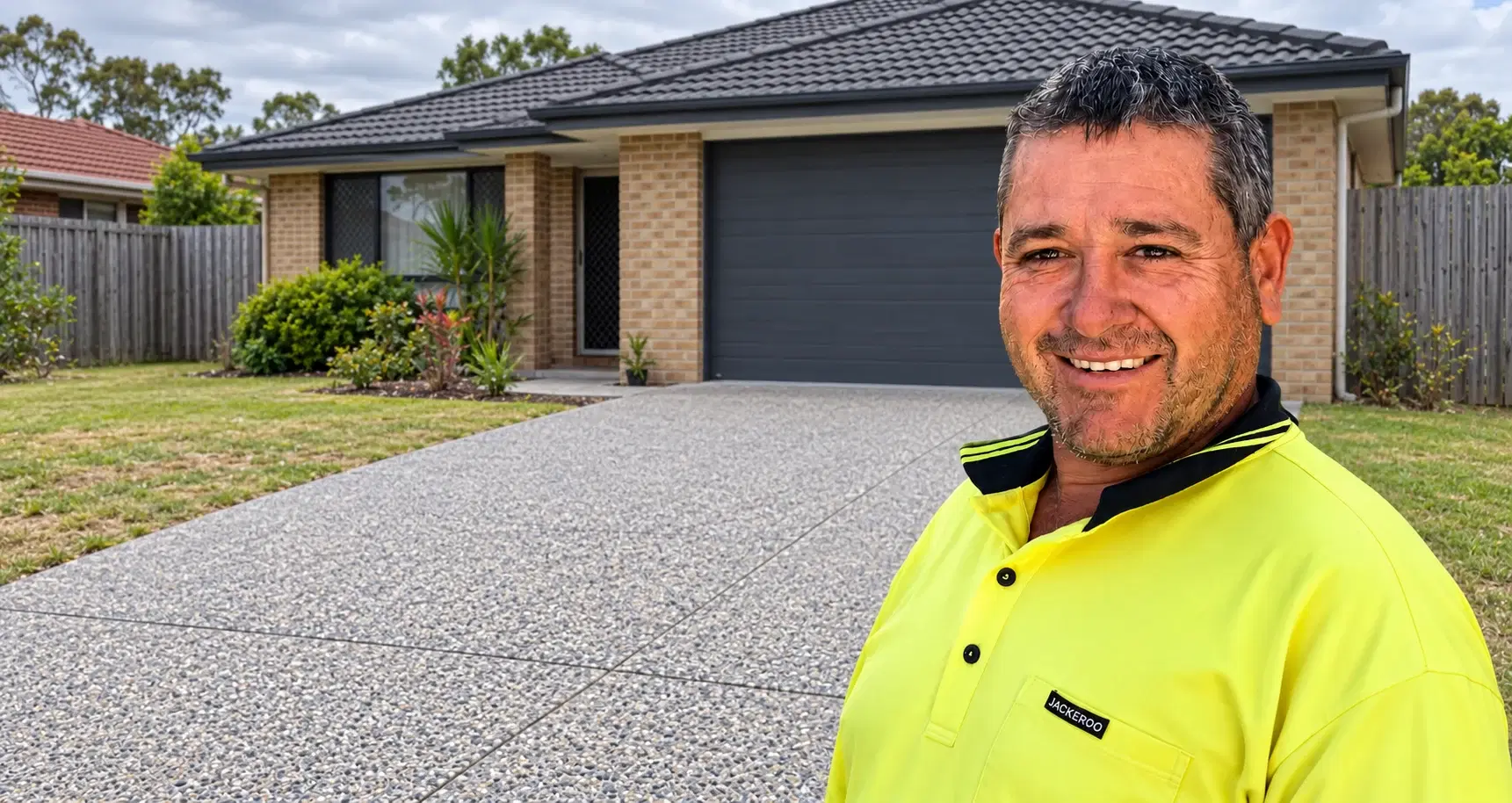 Mark from Marks Concreting with a Brisbane-style driveway design concept backdrop