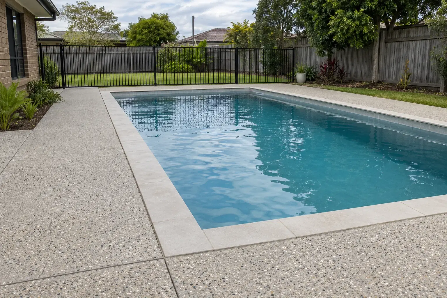 Design concept of a concrete pool surround beside a landscaped residential pool and outdoor entertaining area