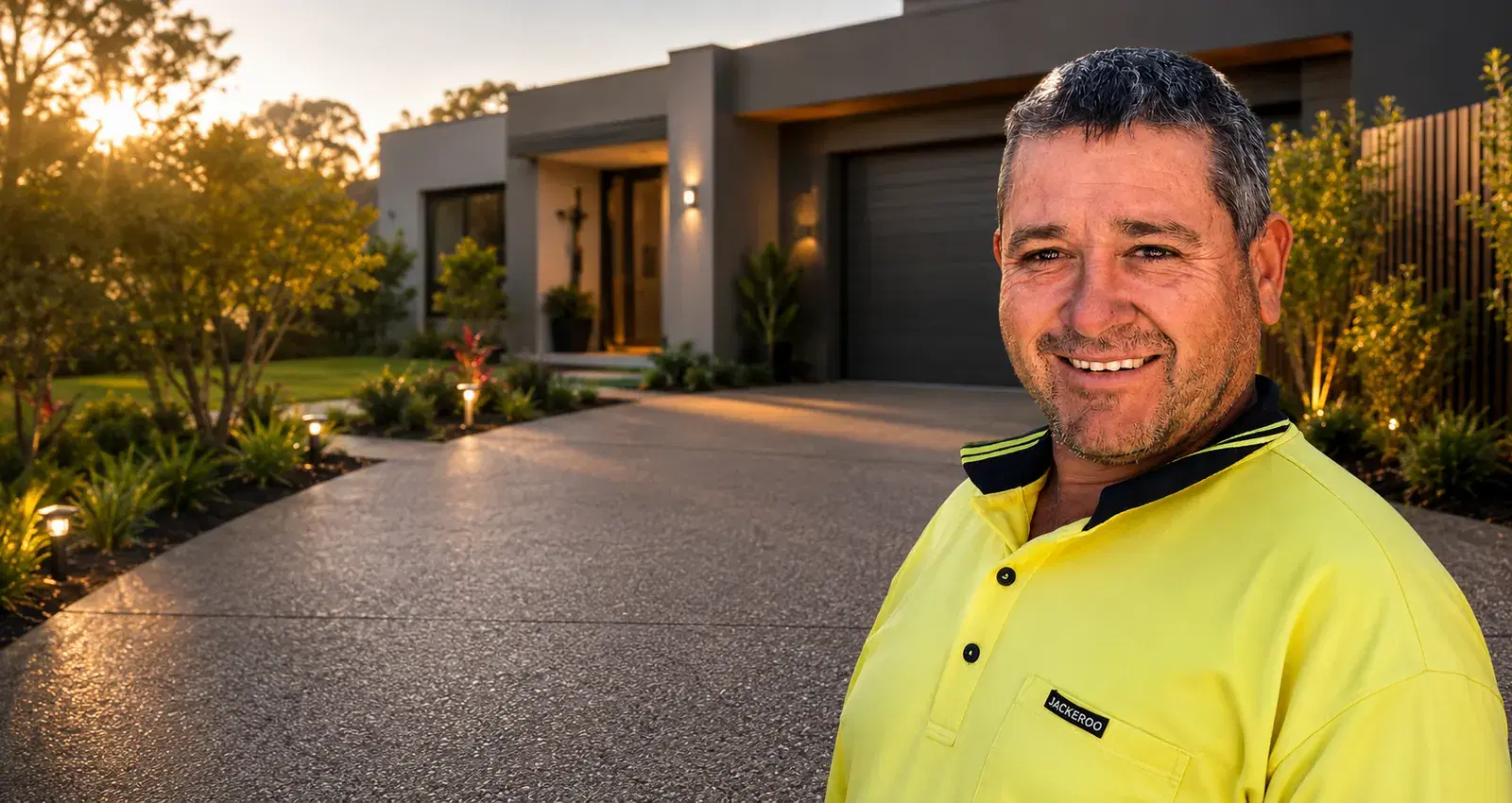 Mark from Marks Concreting standing beside a finished concrete driveway